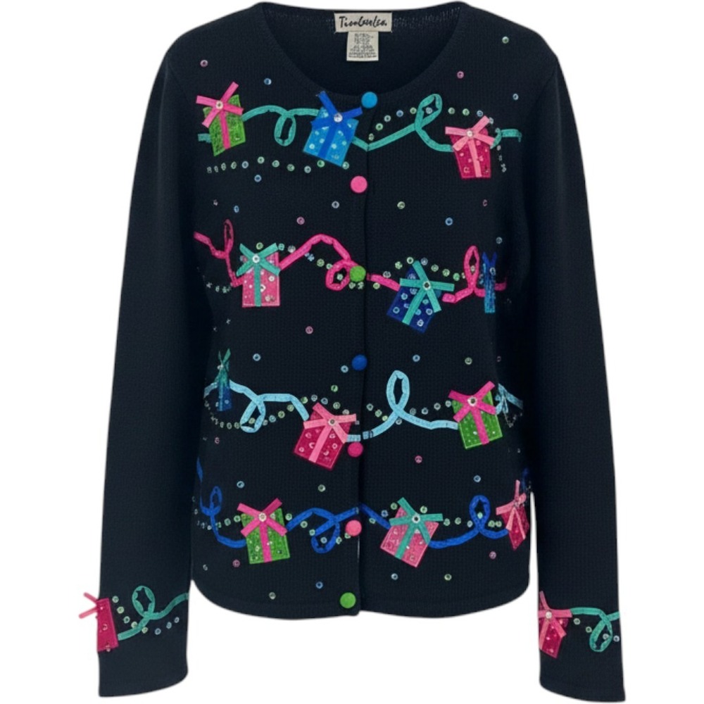 Timberlea Vintage Christmas Gift Box Sequin Cardigan Sweater Black Small Retro